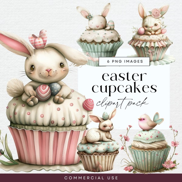 Watercolour Easter Cupcake Clipart, Transparent PNG, Pastel Easter Bunny Clip Art, Whimsical Bakery Illustration, Bunny Junk Journal Graphic