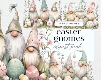 Easter Garden Gnomes Clipart, Transparent PNG, Pastel Easter Egg Clip Art, Whimsical Seasonal Junk Journal Graphics,  Ephemera Illustrations