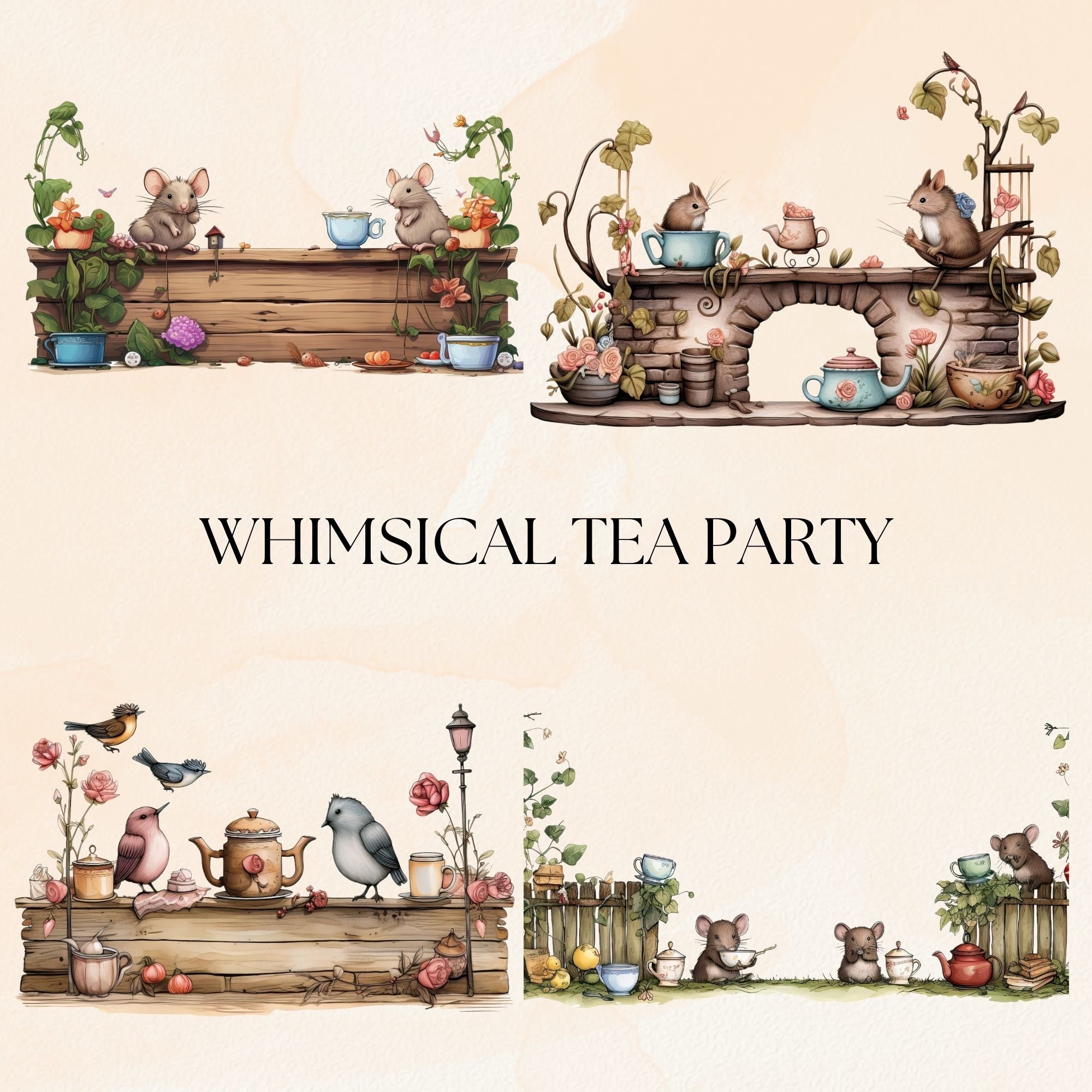 Animal Tea Party Clipart Bundle, Transparent PNG, Quirky Mice Art ...