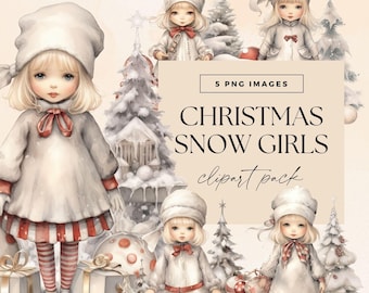 Schattige kerstmeisje clipart, kerst sneeuw illustraties, transparante png, schattige personages png, vakantie graphics, aquarel bundel, digitale download