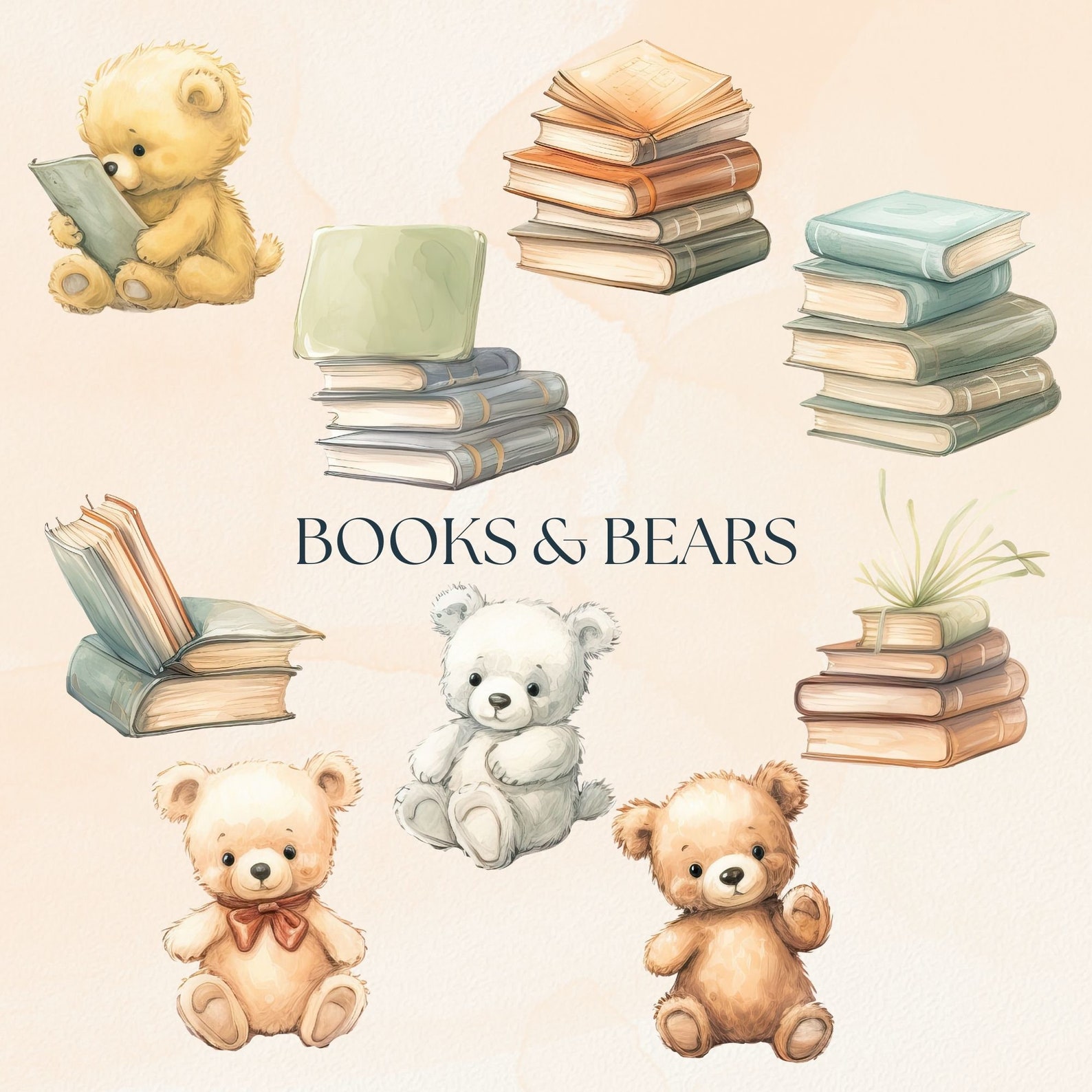 Teddy Bear Baby Shower Clipart Pack, Pile of Books for Baby Clip Art ...