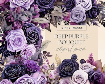 Flower Bouquet Deep Purple Clipart, Transparent PNGs, Roses Wedding Bouquet Illustrations, Watercolour Dark Moody Gothic Floral Clip Art