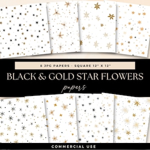 Schwarz und Gold Sterne Blume Digitale Papiere, DOWNLOAD, helles Junk Journal Kit, Abstraktes Floral Seiten, Scrapbooking Blumen, Whimsy Journaling