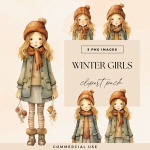 Pacote de clipart de menina de inverno, PNGs transparentes, ilustrações de moda, clipart de Natal, meninas de chapéu aconchegante, diário de lixo de boneca de inverno em aquarela