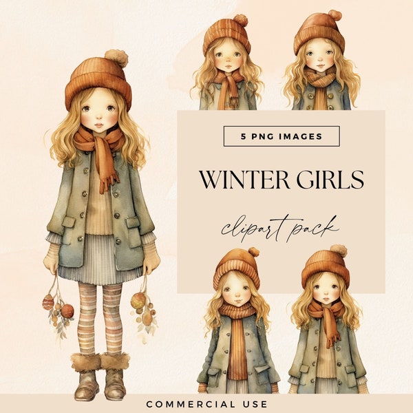 Winter Girl Clipart Pack, Transparent PNGs, Fashion Illustrations, Christmas Clip Art, Cozy Hat Girls, Watercolour Winter Doll Junk Journal