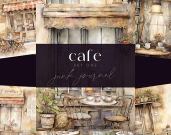 Puede incluir: Ilustraciones en acuarela de escenas de café. Las imágenes presentan asientos al aire libre, toldos y vistas interiores con mesas, sillas y elementos decorativos. El texto "cafe set one junk journal" se muestra, con "commercial use" en la parte inferior.