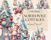 Christmas North Pole Clipart, Santa Cottage Clip Art, Winter House Illustrations, Whimsical Elves Decorated Homes, Holiday Junk Journal