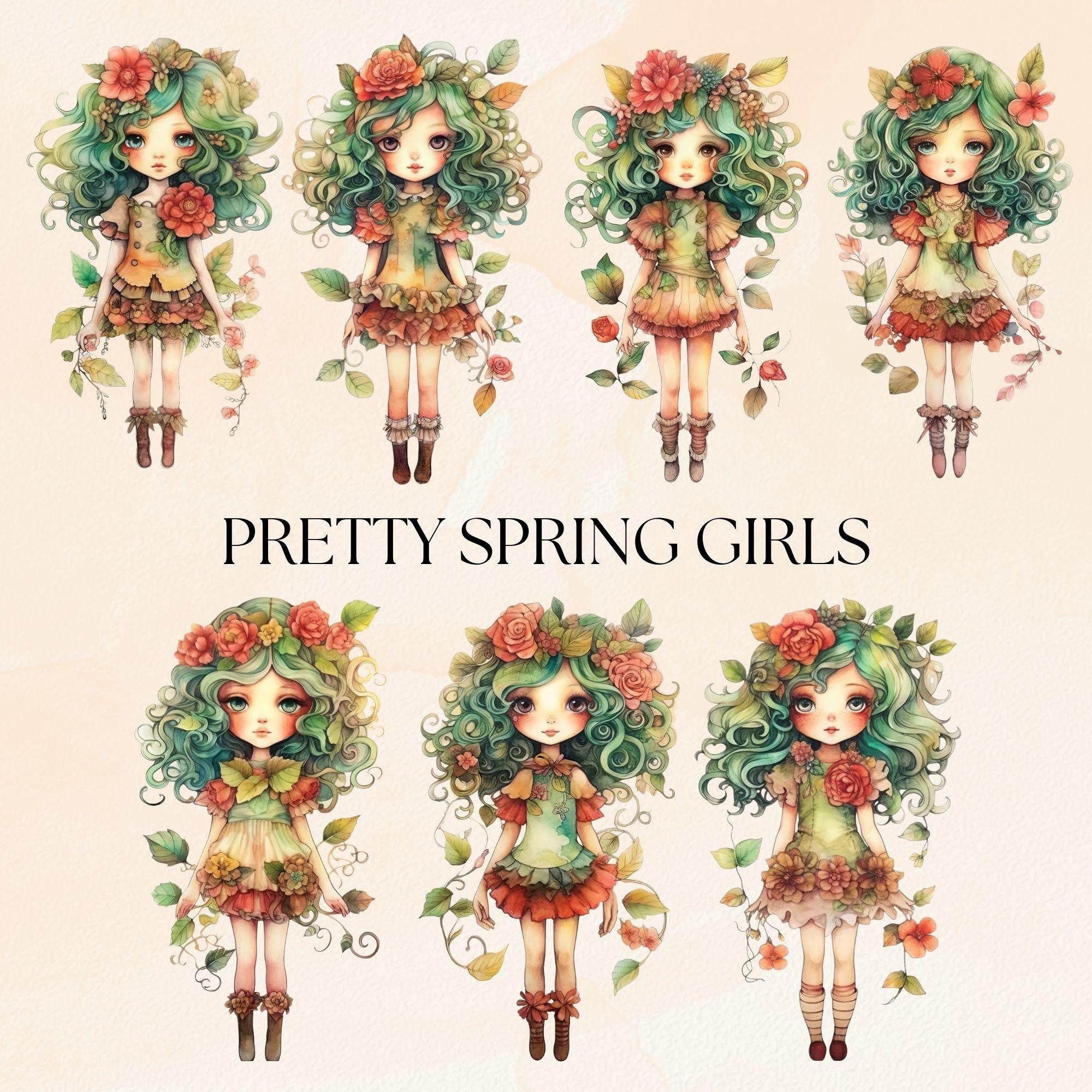 Spring Girl Clipart Pack PNG, Watercolor Cute Springtime Doll Clip Art ...