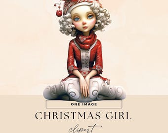 Clipart kerstpop, transparante png, schattige kerstmeisje illustraties, feestelijke ongewenste dagboek, seizoensafbeeldingen, grillige kerst ephemera