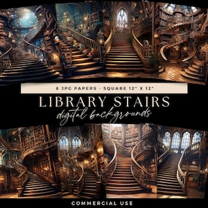 Bibliothek Digitaler Hintergrund, Vintage-Bücher-Hintergrund, Junk-Journal lesen, Fotokünstler-Illustratives Overlay, Treppe Scrapbooking-Seiten