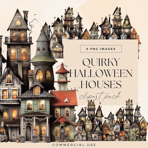 Quirky Halloween Buildings Clipart Pack, Whimsical Houses, Victorian Wooden Manor Clip Art, Vintage Home Illustrations, Transparent PNGs CU