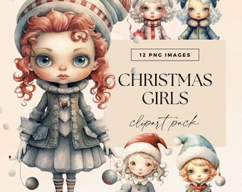 Clipart kerstmeisjes, kerstcadeaus illustraties, transparante png, wintervakantie graphics, aquarel afbeeldingen, digitale download, leuke kerst