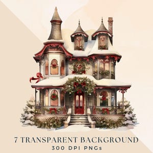 Christmas House PNG Clipart, Decorated Xmas Whimsical Houses, Victorian Winter Streetscape Clip Art, Vintage Holiday Junk Journal Graphics image 3