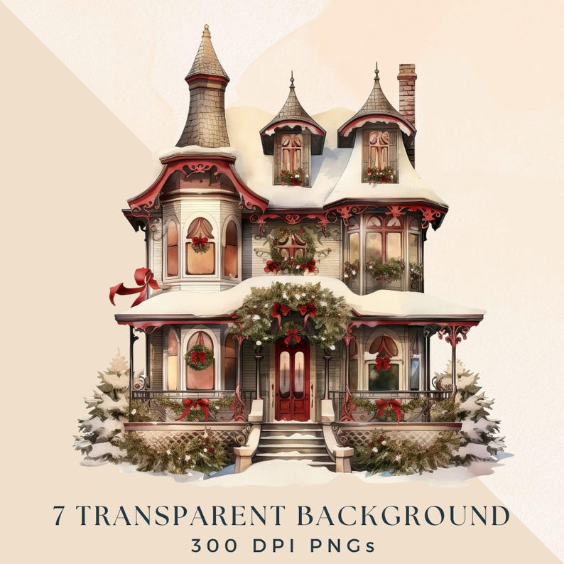 Christmas House PNG Clipart, Decorated Xmas Whimsical Houses, Victorian Winter Streetscape Clip Art, Vintage Holiday Junk Journal Graphics image 3