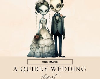 Könnte beinhalten: Digitale Illustration eines skurrilen Hochzeitspaares. Die Braut trägt ein weißes, gestuftes Kleid und hält einen roten Rosenstrauß. Der Bräutigam trägt einen dunklen Anzug mit Fliege. Der Text lautet "A Quirky Wedding Clipart".