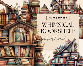Whimsical Bookshelf Clip Art Pack, Library Clipart, Fun Reading Graphics, Transparent PNG, Commercial Use, Reading Lovers Images, Bookworm