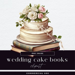 Gâteau de pile de livre de mariage, chapitre suivant livres des cliparts, PNG transparents, illustration d'invitation, graphique floral de journal indésirable, pile de livre vintage
