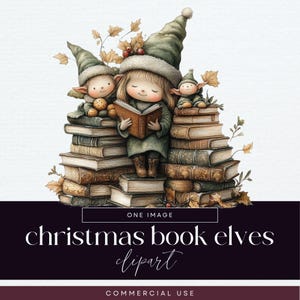 Christmas Book Lover Clipart, Elf Book Pile Clip Art, PNG, Book Stack Illustrations, Reading Library Ephemera, Whimsical Scrapbook Graphics