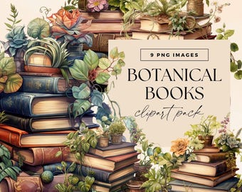 Botanical Books Clip Art Pack, Library Clipart, Plants Reading Graphics, Flower Book PNG, Commercial Use, Reading Lovers Images, Bookworm