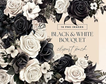 Gothic Flower Bouquet Clipart, Transparent PNGs, Black White Roses Wedding Bouquet Illustrations, Watercolour Dark Moody Floral Clip Art