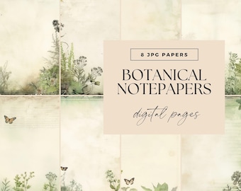 Green Botanical Digital Papers, INSTANT DOWNLOAD, Butterflies Plants Printable Junk Journal, Garden Vintage Pages, Gardener Notes, Ephemera