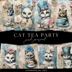 Cat Junk Journal Papers, Whimsy Tea Party Mixed Media Pages, Digital DOWNLOAD, Whimsical Scrapbooking, Kitten Ephemera, Vintage Cat Pages