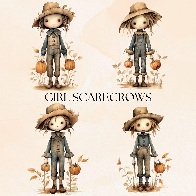 Clipart Scarecrow Boys, transparante PNG, Fall Field Dolls-illustraties, aquarel herfstillustraties, Thanksgiving Junk Journal-afbeeldingen afbeelding 3