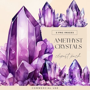 Amethyst Crystal Clipart Pack, Watercolor Clip Art, Mystical Purple Crystals, Magical Gemstone Junk Journal Ephemera, Mindfulness Graphics