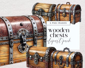 Treasure Chest Clipart, Wooden Chest Clip Art, Treasure Box Junk Journal Illustrations, Pirate Chest Ephemera, Scrapbooking Transparent PNGs