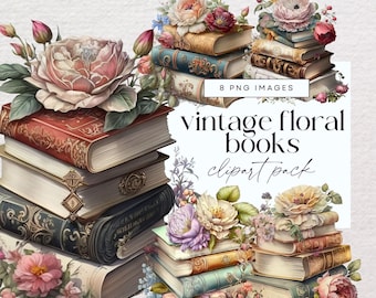 Vintage boekenstapel illustraties, boekenliefhebbers clipartpakket, transparante png, gestapelde boeken afbeelding, bloemen lezen junk Journal, bibliotheek kortstondige gebeurtenissen