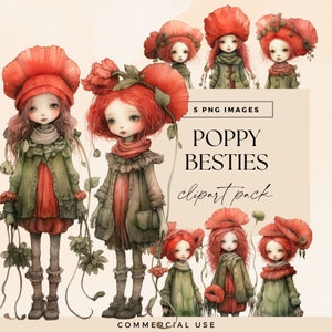Melhores Amigos Clipart PNG, Poppy Girls Clip Art Pack, Cute Garden Dolls Junk Journal, Fantasy Garden Ephemera, Magic Woodland Flowers PNG