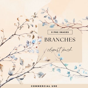 Tree Branch Clipart, Watercolour Branches Clip Art Set, Transparent PNGs, Junk Journal Twigs, Botanical Illustrations, Ephemera Leaf Graphic