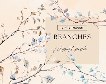 Tree Branch Clipart, Watercolour Branches Clip Art Set, Transparent PNGs, Junk Journal Twigs, Botanical Illustrations, Ephemera Leaf Graphic