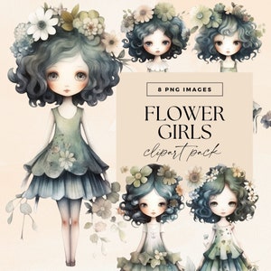 Paquete de imágenes prediseñadas de Flower Girls, PNG transparentes, capricho de diario basura, muñecas de papel de primavera de acuarela, personajes comerciales y caprichosos