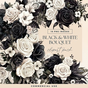 Gothic Blumenstrauß Clipart, transparente PNGs, schwarz weiße Rosen Hochzeitsstrauß Illustrationen, Aquarell dunkel launisch Blumen Clip Art