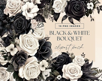 Gothic Flower Bouquet Clipart, Transparent PNGs, Black White Roses Wedding Bouquet Illustrations, Watercolour Dark Moody Floral Clip Art