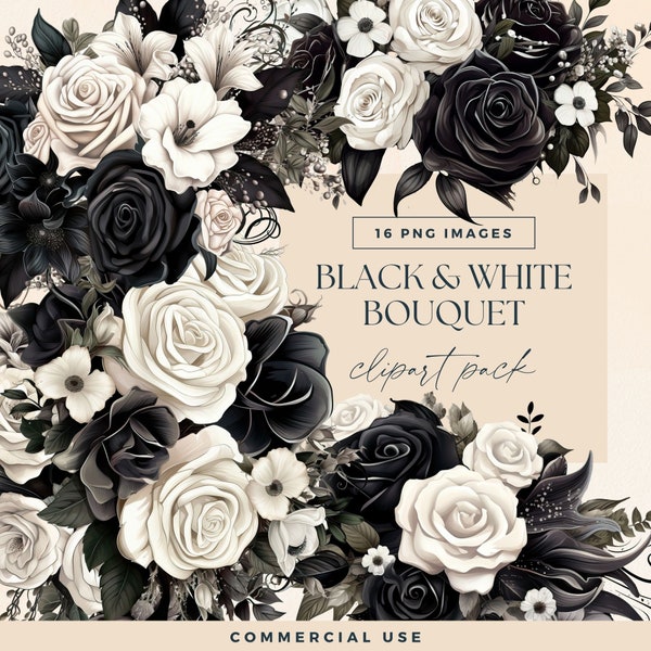 Gothic Flower Bouquet Clipart, Transparent PNGs, Black White Roses Wedding Bouquet Illustrations, Watercolour Dark Moody Floral Clip Art