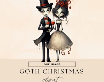 Kerstcocktails clipart, transparante png's, kerstpaar illustraties, donkere romantiek poppen, junk Journal Goth-personages, feestelijke liefde