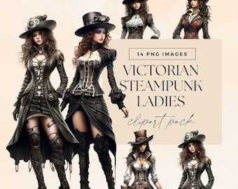 Victorian Steampunk Ladies Clipart Pack, Vintage Doll Watercolor PNG Clip Art, Fashion Junk Journal Illustrations, Steam Punk Ephemera