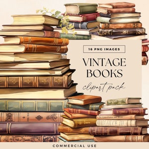 Pacchetto clipart libri vintage, clipart biblioteca, pila di libri, grafica di lettura, libro colorato PNG, uso commerciale, immagini degli amanti della lettura, topo di biblioteca