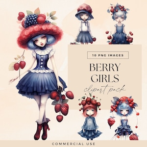 Pacote de clipart de Berry Girls, PNGs fofos e peculiares de Raspberry Girls, Strawberry Junk Journal, gráficos de jardim mágico, ilustrações de frutas efêmeras
