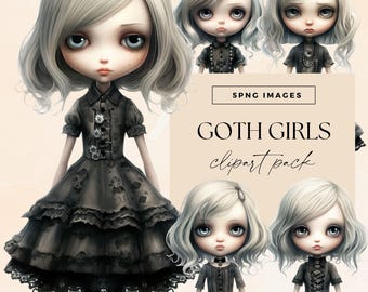 Goth Girl Clipart, Transparent PNG, Gothic Watercolor Paper Dolls, Junk Journal Halloween Characters, Fairytale Art, Dark Fantasy Clip Art
