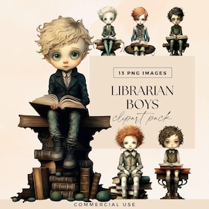 風変わりな司書男子のクリップアート、図書館の本の山のクリップアート、本好きのジャンクジャーナルのグラフィック、読書好きのイラスト、読書クラブのグラフィック