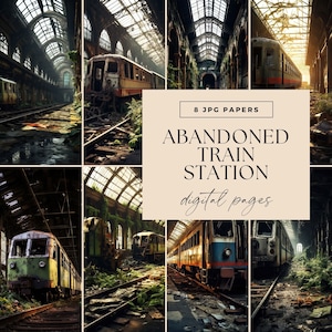 Papeles digitales de estación de tren abandonada, DESCARGA INSTANTÁNEA, tamaño carta grunge, vías de tren antiguas cubiertas de vegetación, fondo rústico, escena grunge
