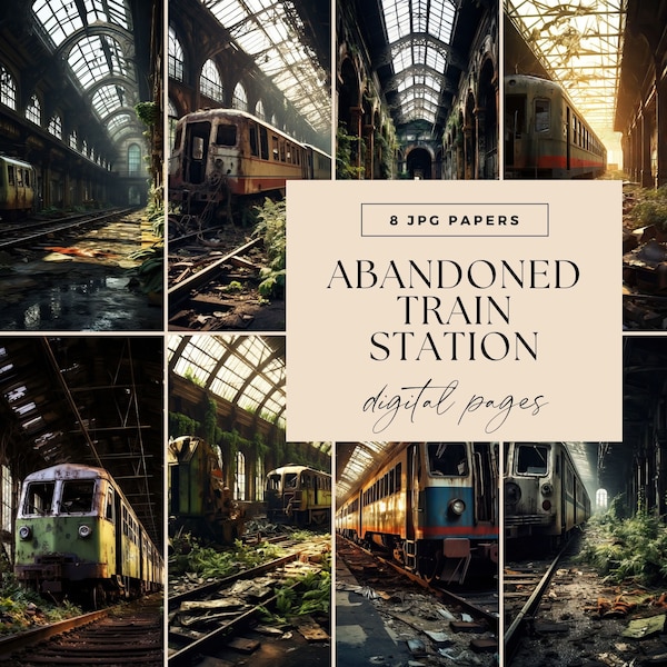 Abandoned Train Station Digital Papers, INSTANT DOWNLOAD, Letter Size Grunge, Overgrown Old Train Tracks, Rustic Background, Grunge Scene