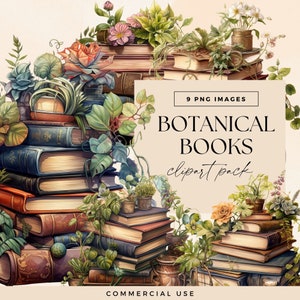 Botanical Books Clip Art Pack, Library Clipart, Plants Reading Graphics, Flower Book PNG, Commercial Use, Reading Lovers Images, Bookworm