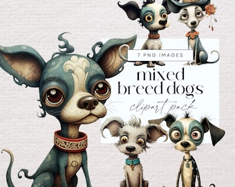 Quirky Dog Clipart, Mixed Breed Clip Art, PNG, Whimsy Clip Art, Junk Journal Pets, Funny Animal Ephemera, Whimsical Puppy Illustration