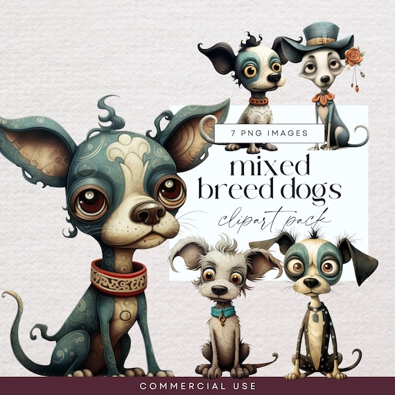 Quirky Dog Clipart, Mixed Breed Clip Art, PNG, Whimsy Clip Art, Junk Journal Pets, Funny Animal Ephemera, Whimsical Puppy Illustration