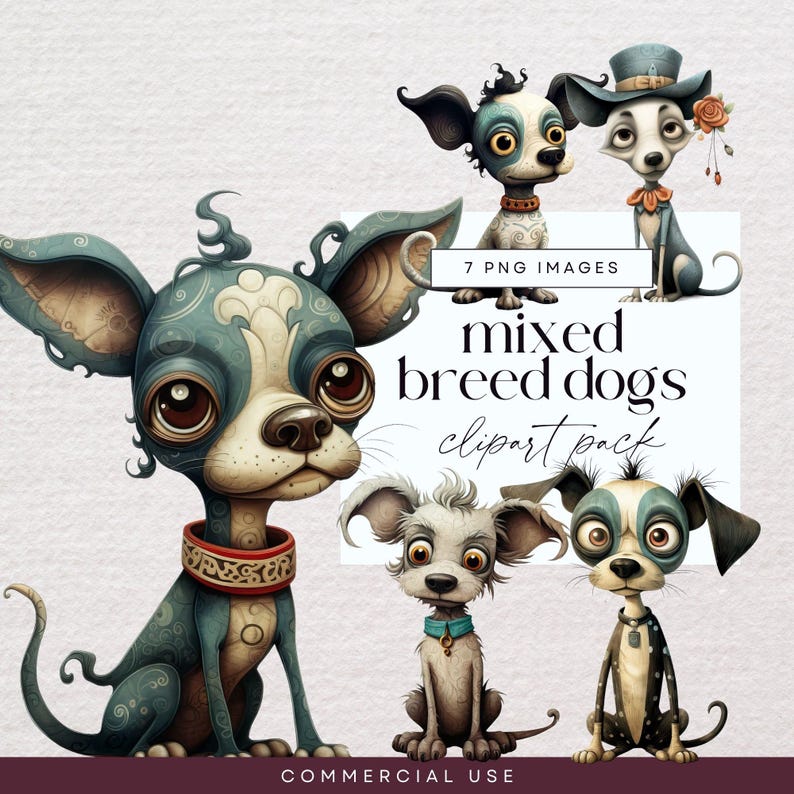 Quirky Dog Clipart, Mixed Breed Clip Art, PNG, Whimsy Clip Art, Junk Journal Pets, Funny Animal Ephemera, Whimsical Puppy Illustration image 1
