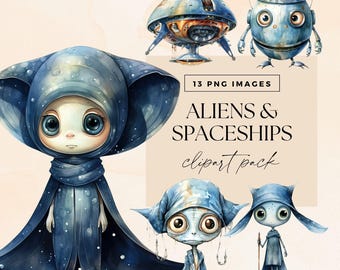 Ufo Alien Clipart Pack, Spaceship Clip Art, Transparent PNGs, Outer Space Graphics, Birthday Invite Illustration, Extraterrestrial Journal